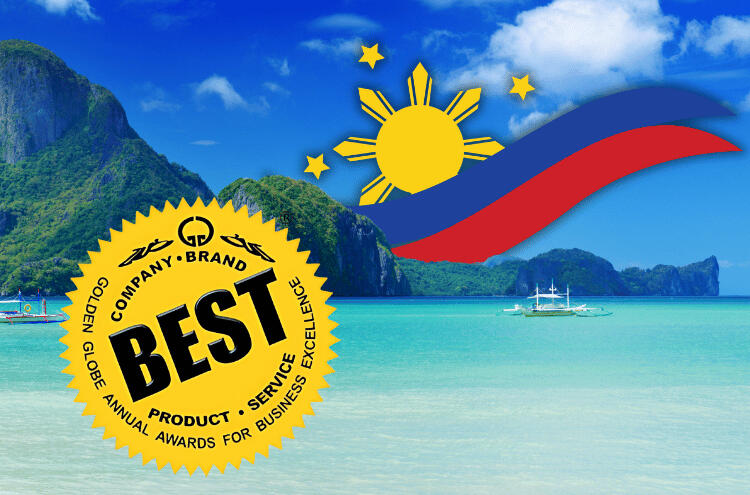 Best Visa Assistance in the Philippines text with a golden hue, set against rock formations in turquoise waters, alongside the Golden Globe Annual Awards logo and a Philippine flag-inspired design.