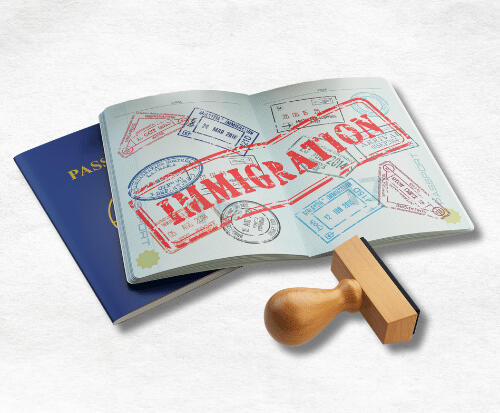 Immigration and passport visa stamps scattered across the image, representing global travel and visa processing.