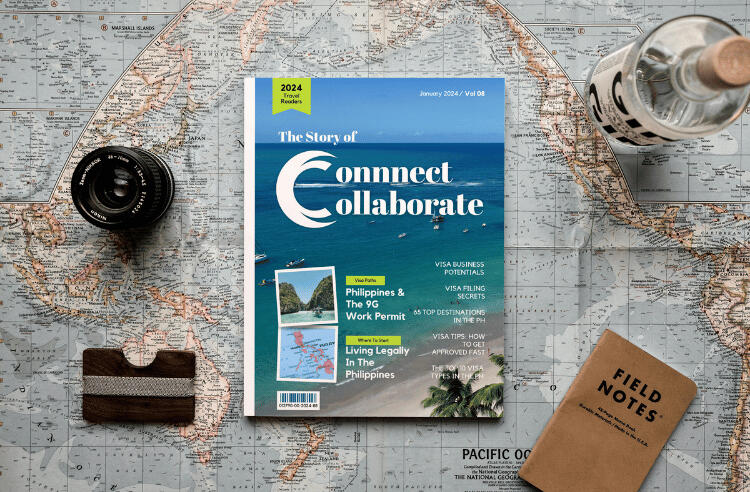 Cover of Connect Collaborate Magazine featuring bold, modern typography and vibrant colors, emphasizing themes of networking, collaboration, and innovation.